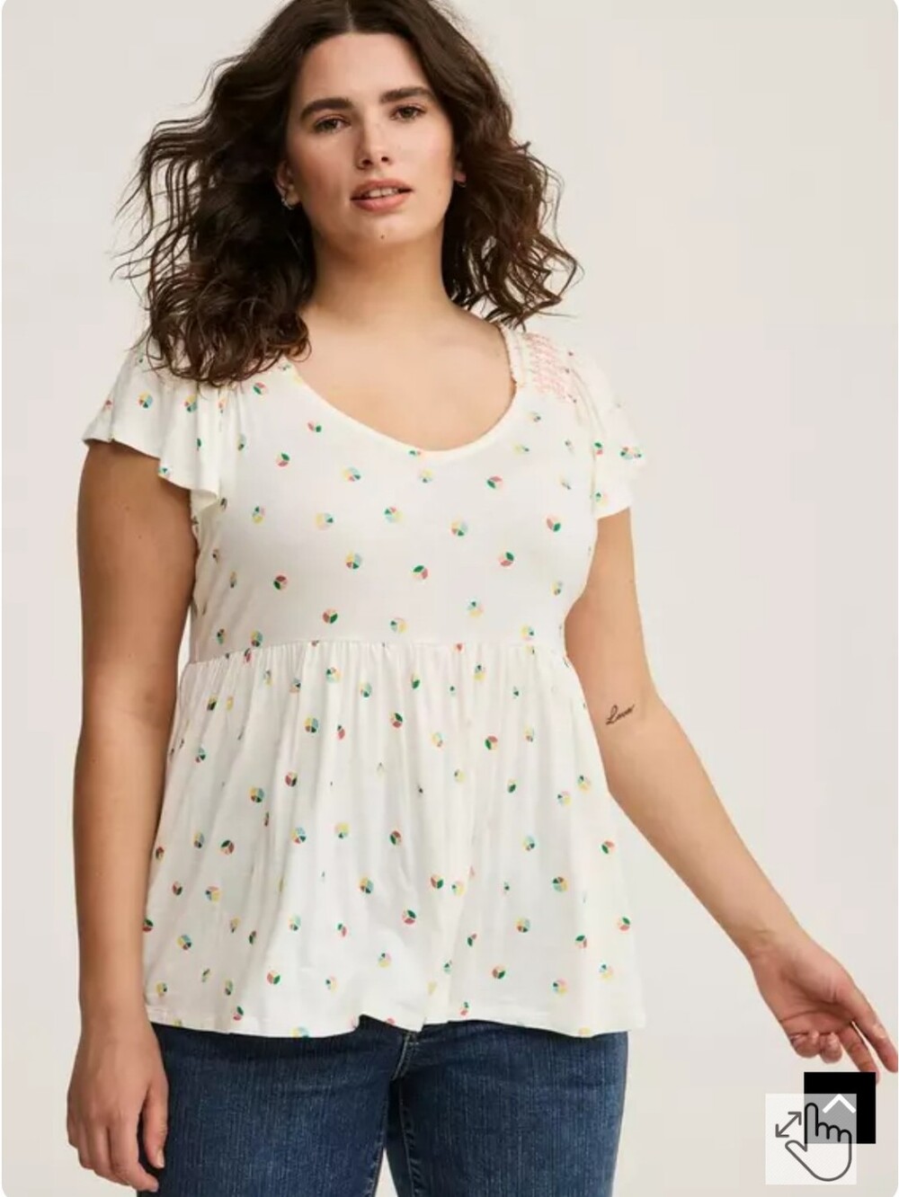 Smocked Flutter Sleeve Babydoll Top - White with Multicolor Dots